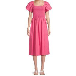 Beachlunchlounge Women's Smocked Midi Dress‎ with Short Eyelet Sleeves sz Large